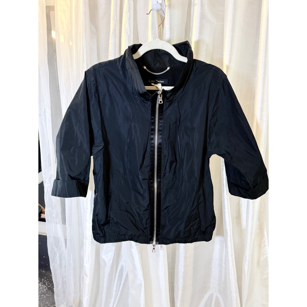 Lida Baday Jacket Women 10 Black Excellent Full Zip Mesh Lined 3/4 Sleeve Funnel